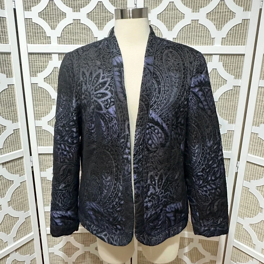 Coldwater‎ Creek Womens Brocade Open Front Blazer Jacket Size L 14-16 Classic